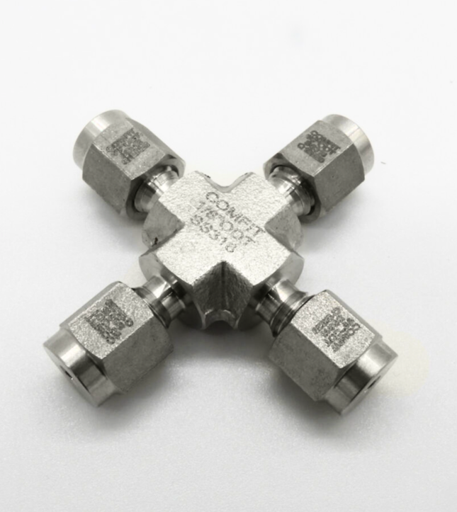 Conector tipo cruz para tubing, conexión OD Comfit, 316SS