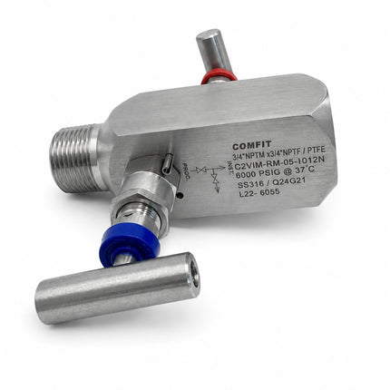 Manifold para instrumentación de 2 vias Comfit, montaje remoto, 3/4"NPTM x 3/4"NPTF x 1/4"NPTF 6000 PSI, 316SS, C2VIM-RM-05-IO12N-6K