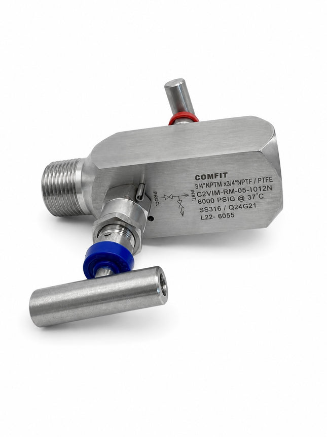 Manifold para instrumentación de 2 vias Comfit, montaje remoto, 3/4"NPTM x 3/4"NPTF x 1/4"NPTF 6000 PSI, 316SS, C2VIM-RM-05-IO12N-6K