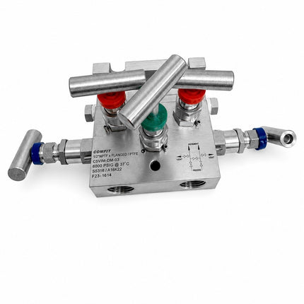 Manifold para instrumentación de 5 vias Comfit, montaje directo, 1/2"NPTF x Flanged x 1/4"NPTF, 316SS, C5VIM-DM-03
