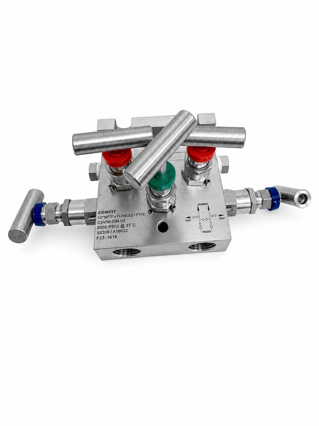 Manifold para instrumentación de 5 vias Comfit, montaje directo, 1/2"NPTF x Flanged x 1/4"NPTF, 316SS, C5VIM-DM-03