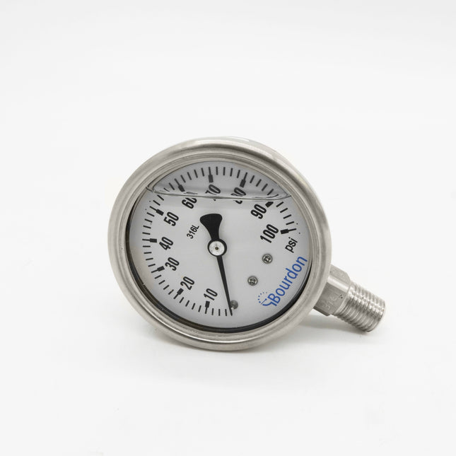 Manómetro Bourdon, dial 2-1/2", conexión inferior 1/4" MNPT, carcaza en acero inoxidable, bisel rebordeado