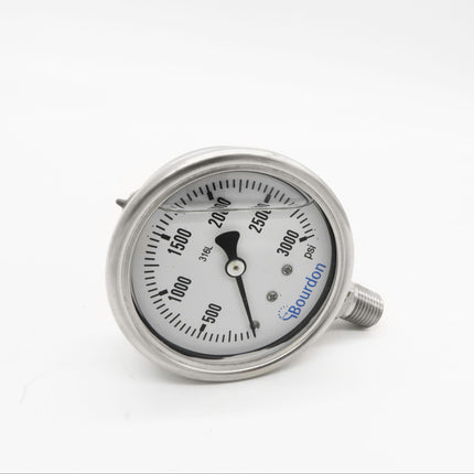 Manómetro Bourdon, dial 2-1/2", conexión inferior 1/4" MNPT, carcaza en acero inoxidable, bisel rebordeado
