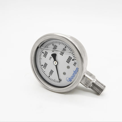 Manómetro Bourdon, dial 2-1/2", conexión inferior 1/4" MNPT, carcaza en acero inoxidable, bisel rebordeado