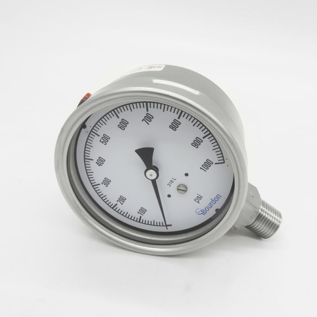 Manómetro Bourdon, dial 4", conexión inferior 1/2" MNPT, carcaza en acero inoxidable