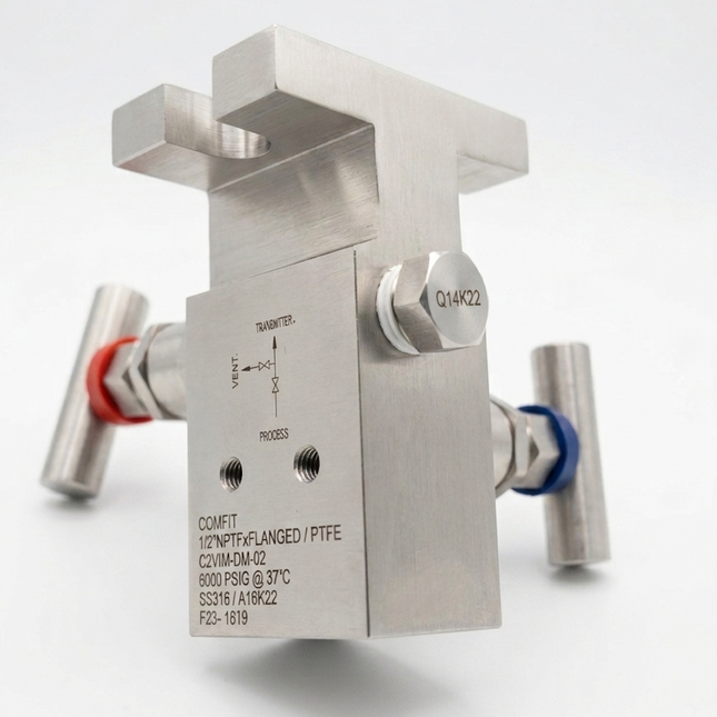 Manifold para instrumentación de 2 vias Comfit, montaje directo, 1/2"NPTF x Flanged x 1/4"NPTF 6000 PSI, 316SS, C2VIM-DM-02