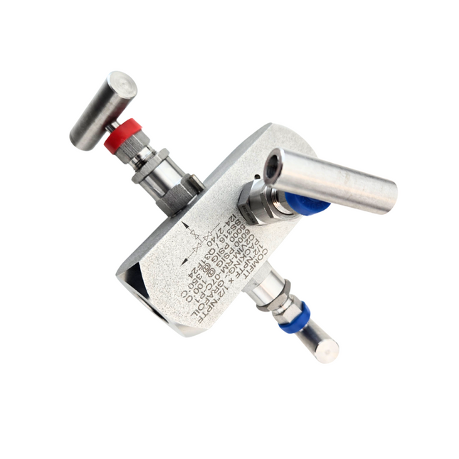 Manifold para instrumentacion de 2 vias doble bloqueo y purga Comfit, montaje remoto, empaque grafoil, 1/2"NPTFx 1/2"NPTF x 1/4"NPTF 6000 PSI, 316SS, C2VIM-RM-07C-P1