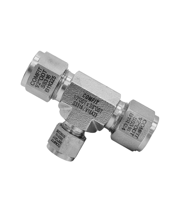 Conector tee reductor tipo OD para tubing Comfit, 316SS