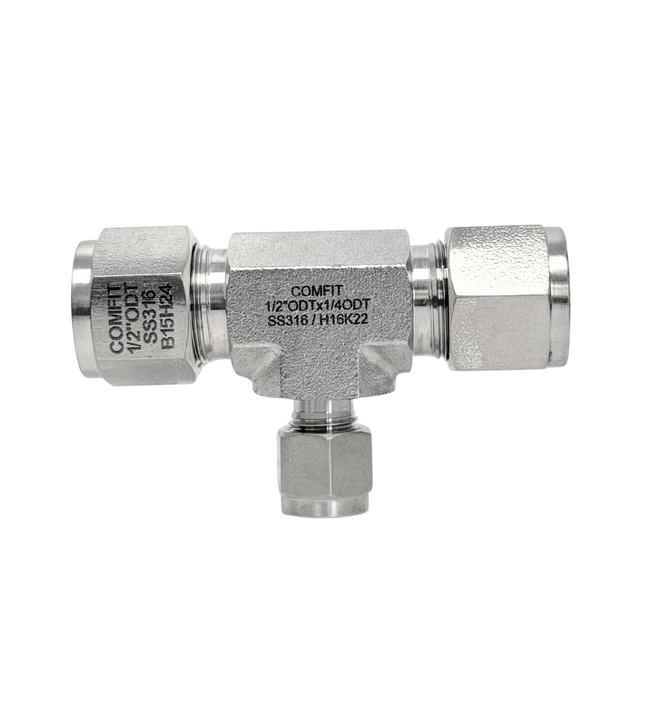 Conector tee reductor tipo OD para tubing Comfit, 316SS