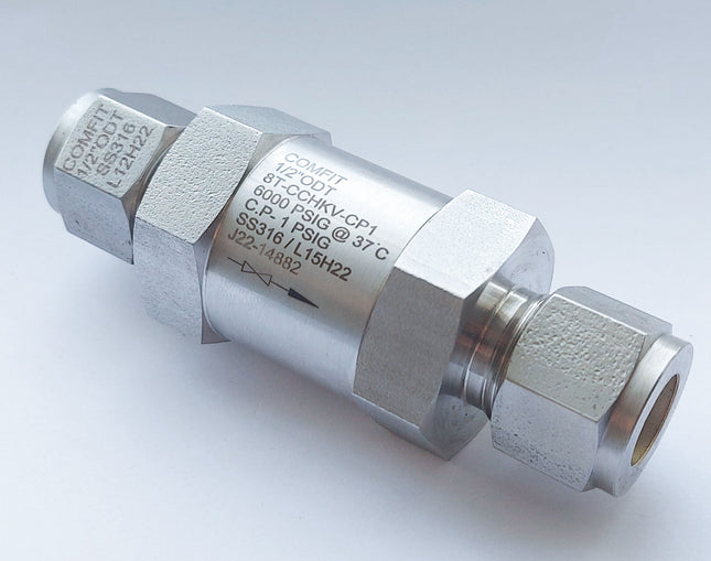 Válvula tipo Cheque para instrumentación Comfit, 6000 psi, conexión para tubing OD, presión de craqueo 1 psi, 316SS