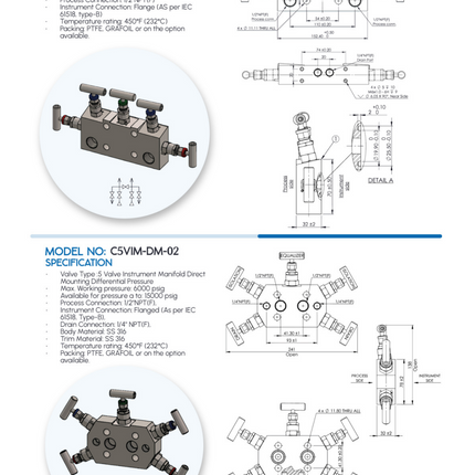 Manifold para instrumentación de 5 vias Comfit, montaje directo, 1/2"NPTF x Flanged x 1/4"NPTF, 316SS, C5VIM-DM-02