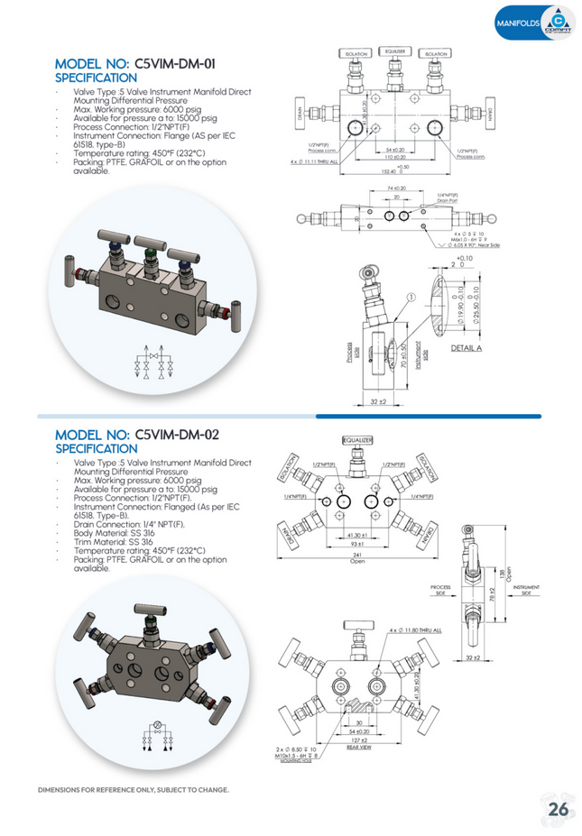 Manifold para instrumentación de 5 vias Comfit, montaje directo, 1/2"NPTF x Flanged x 1/4"NPTF, 316SS, C5VIM-DM-02