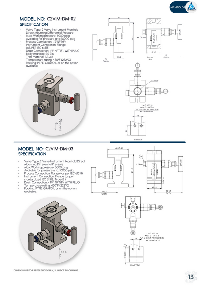 Manifold para instrumentación de 2 vias Comfit, montaje directo, 1/2"NPTF x Flanged x 1/4"NPTF 6000 PSI, 316SS, C2VIM-DM-02