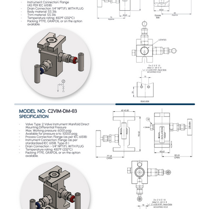 Manifold para instrumentación de 2 vias Comfit, montaje directo, Flanged x Flanged x 1/4"NPTF 6000 PSI, 316SS, C2VIM-DM-03