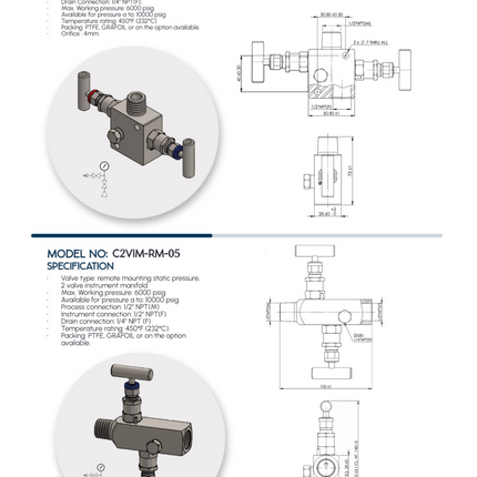 Manifold para instrumentación de 2 vias Comfit, montaje remoto, 1/2"NPTF x 1/2"NPTM x 1/4"NPTF 6000 PSI,  316SS, C2VIM-RM-03