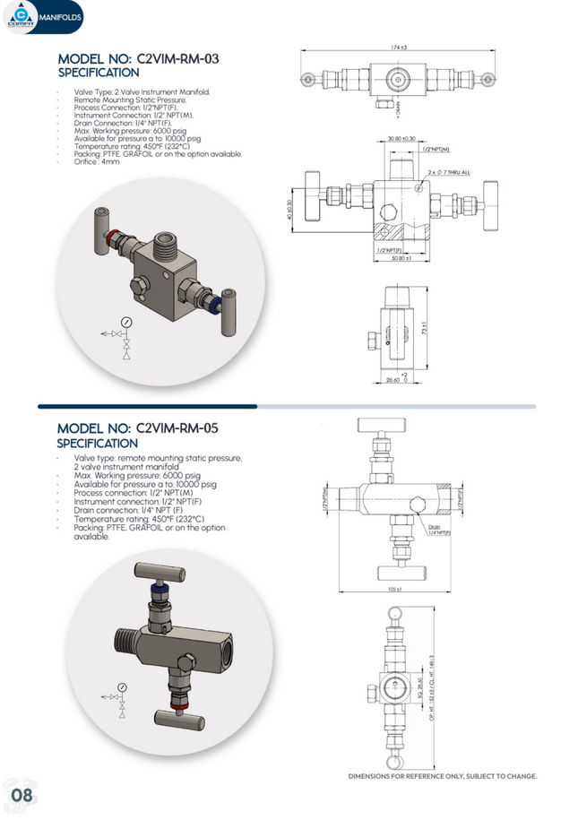Manifold para instrumentación de 2 vias Comfit, montaje remoto, 1/2"NPTM x 1/2"NPTF x 1/4"NPTF 6000 PSI, 316SS, C2VIM-RM-05