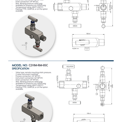 Manifold para instrumentación de 2 vias Comfit, montaje remoto, 1/2"NPTF x 1/2"NPTF x 1/4"NPTF 6000 PSI, 316SS, C2VIM-RM-05C