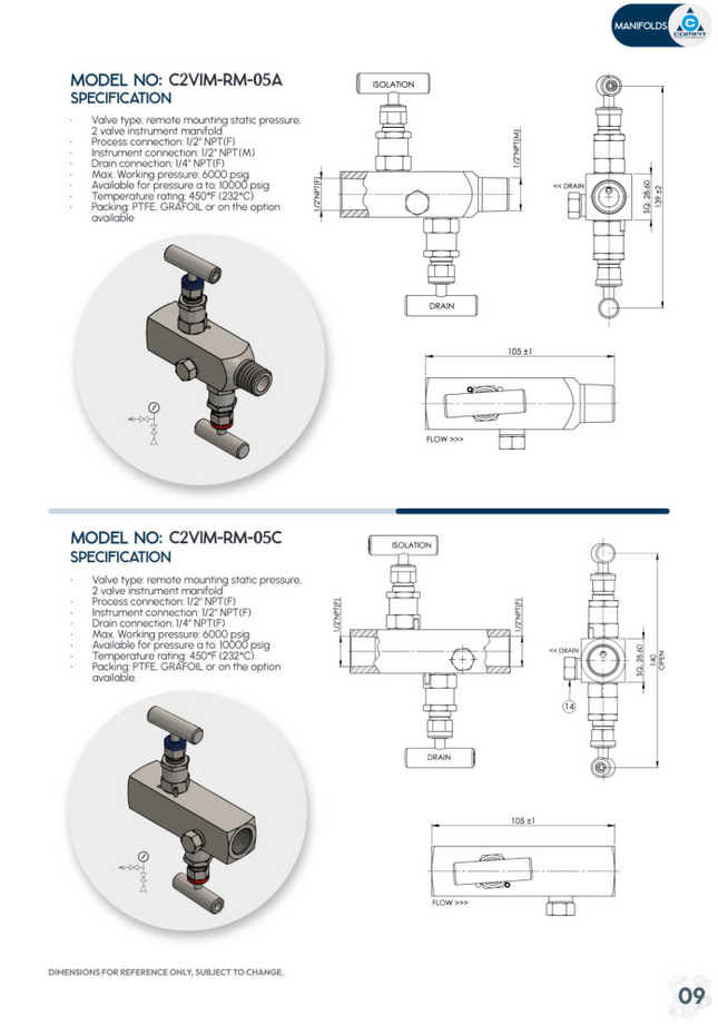 Manifold para instrumentación de 2 vias Comfit, montaje remoto, 1/2"NPTF x 1/2"NPTF x 1/4"NPTF 6000 PSI, 316SS, C2VIM-RM-05C