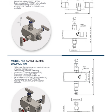 Manifold para instrumentación de 2 vias doble bloqueo y purga Comfit, montaje remoto, 1/2"NPTM x 1/2"NPTF x 1/4"NPTF 6000 PSI,  316SS, C2VIM-RM-07A
