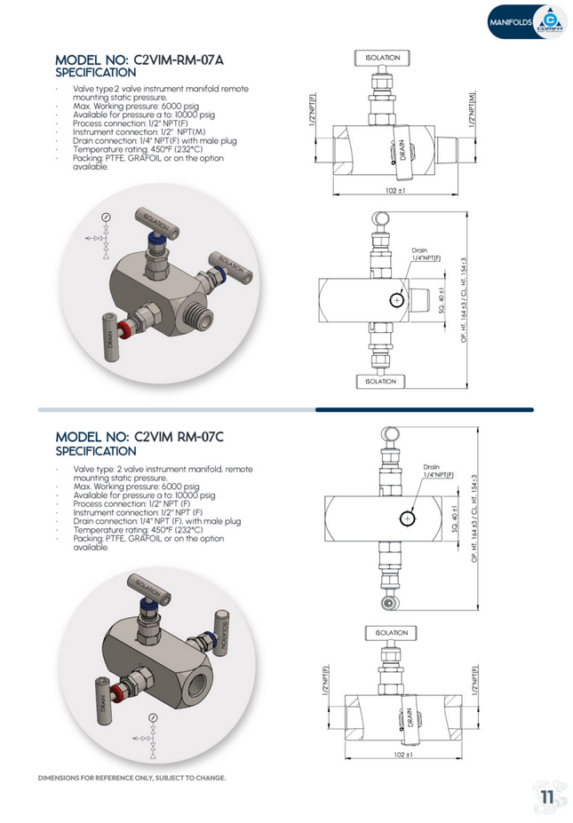 Manifold para instrumentación de 2 vias doble bloqueo y purga Comfit, montaje remoto, 1/2"NPTM x 1/2"NPTF x 1/4"NPTF 6000 PSI,  316SS, C2VIM-RM-07C