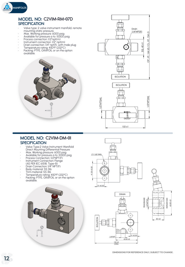 Manifold para instrumentación de 2 vias doble bloqueo y purga Comfit, montaje remoto, 1/2"NPTM x 1/2"NPTM x 1/4"NPTM 6000 PSI, 316SS,  C2VIM-RM-07D
