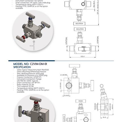 Manifold para instrumentación de 2 vias Comfit, montaje directo, 1/2"NPTF x Flanged x 1/4"NPTF 6000 PSI, 316SS, C2VIM-DM-01