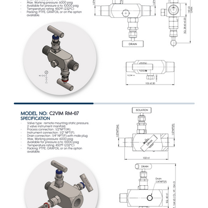Manifold para instrumentación de 2 vias doble bloqueo y purga Comfit, montaje remoto, 1/2"NPTM x 1/2"NPTF x 1/4"NPTF 6000 PSI, 316SS, C2VIM-RM-07