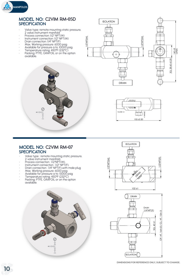 Manifold para instrumentación de 2 vias doble bloqueo y purga Comfit, montaje remoto, 1/2"NPTM x 1/2"NPTF x 1/4"NPTF 6000 PSI, 316SS, C2VIM-RM-07