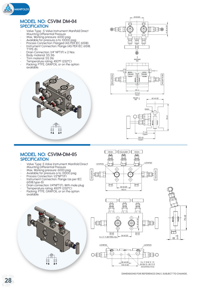 Manifold para instrumentación de 5 vias Comfit, montaje directo, Flanged x Flanged x 1/4"NPTF, 316SS, C5VIM-DM-04