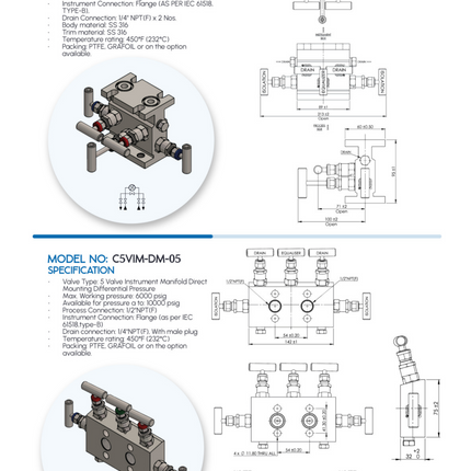 Manifold para instrumentación de 5 vias Comfit, montaje directo, 1/2"NPTF x Flanged x 1/4"NPTF, 316SS, C5VIM-DM-05