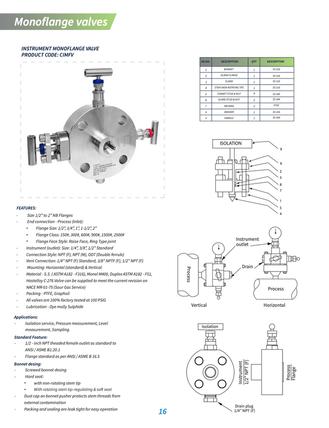 Monobrida de doble bloqueo y purga para instrumentación Comfit, RTJ, Conexión a instrumento 1/2"FNPT,316SS