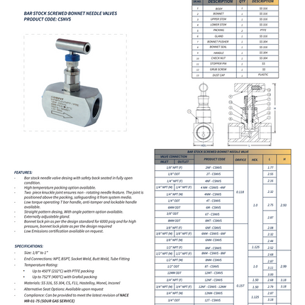 Válvula de aguja para instrumentación con conexión roscada macho x hembra NPT Comfit, 10,000 psi, 316SS