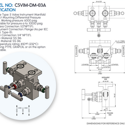 Manifold para instrumentación de 5 vias Comfit, montaje directo, 1/2"NPTF x Flanged x 1/4"NPTF, 316SS, C5VIM-DM-03A