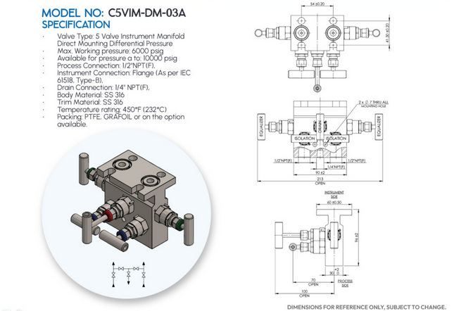 Manifold para instrumentación de 5 vias Comfit, montaje directo, 1/2"NPTF x Flanged x 1/4"NPTF, 316SS, C5VIM-DM-03A