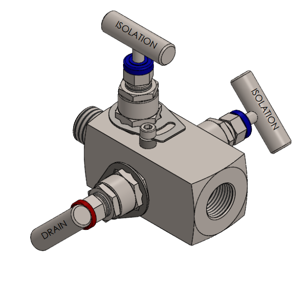 Manifold para instrumentacion de 2 vias doble bloqueo y purga Comfit, montaje remoto, 1/2"NPTM x 1/2"NPTF x 1/4"NPTF 10000 PSI,  C2VIM-RM-07-10K