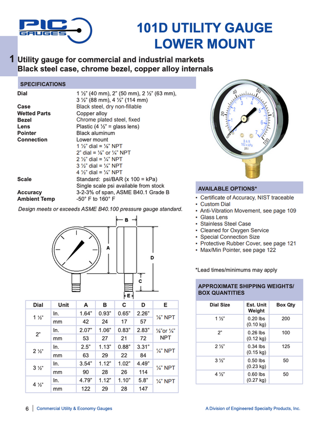 Manómetro PIC, dial 2-1/2", conexión inferior 1/4" MNPT, carcaza en acero