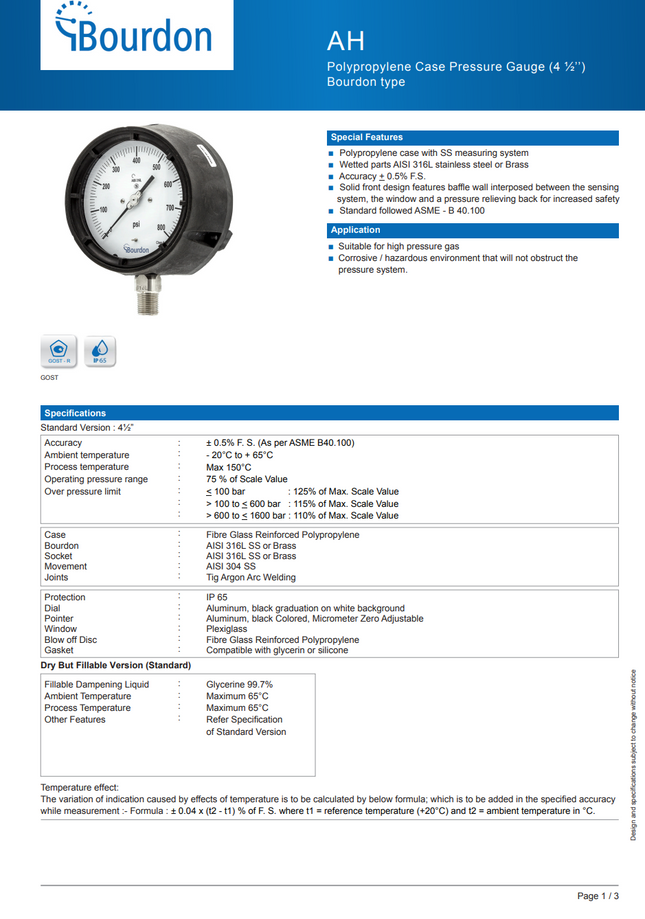 Manómetro Bourdon, dial 4-1/2", conexión inferior 1/2" MNPT, carcaza en polipropileno