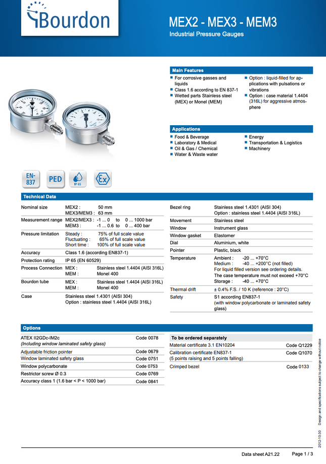 Manómetro Bourdon, dial 2-1/2", conexión inferior 1/4" MNPT, carcaza en acero inoxidable, bisel rebordeado