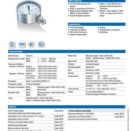 Manómetro Bourdon, dial 4", conexión inferior 1/2" MNPT, carcaza en acero inoxidable
