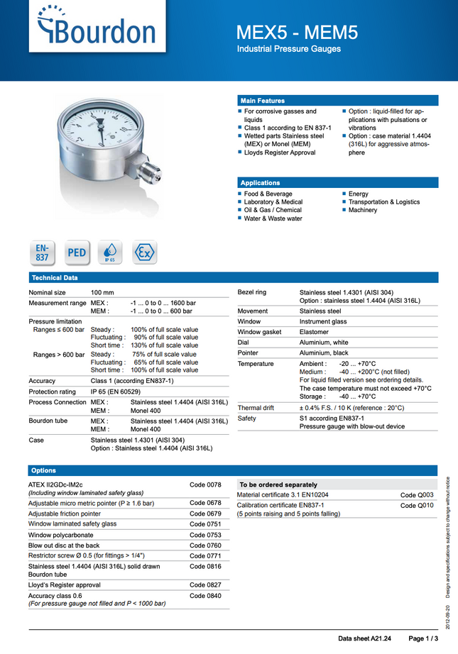 Manómetro Bourdon, dial 4", conexión inferior 1/2" MNPT, carcaza en acero inoxidable