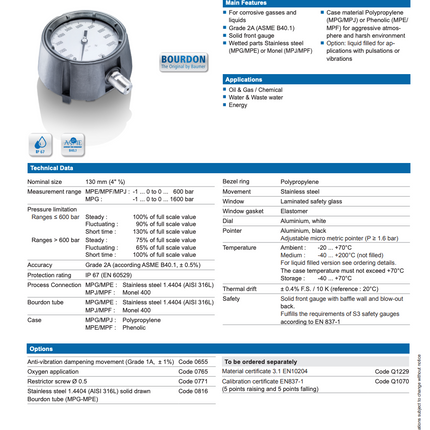 Manómetro Bourdon, dial 4-1/2", conexión inferior 1/2" MNPT, carcaza en polipropileno