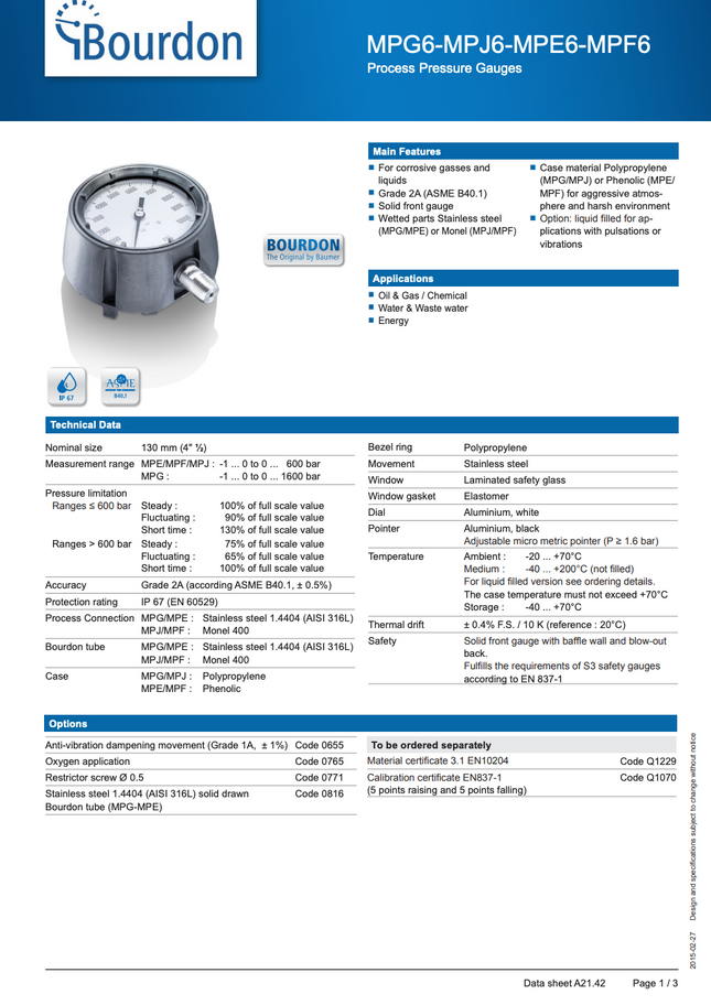 Manómetro Bourdon, dial 4-1/2", conexión inferior 1/2" MNPT, carcaza en polipropileno