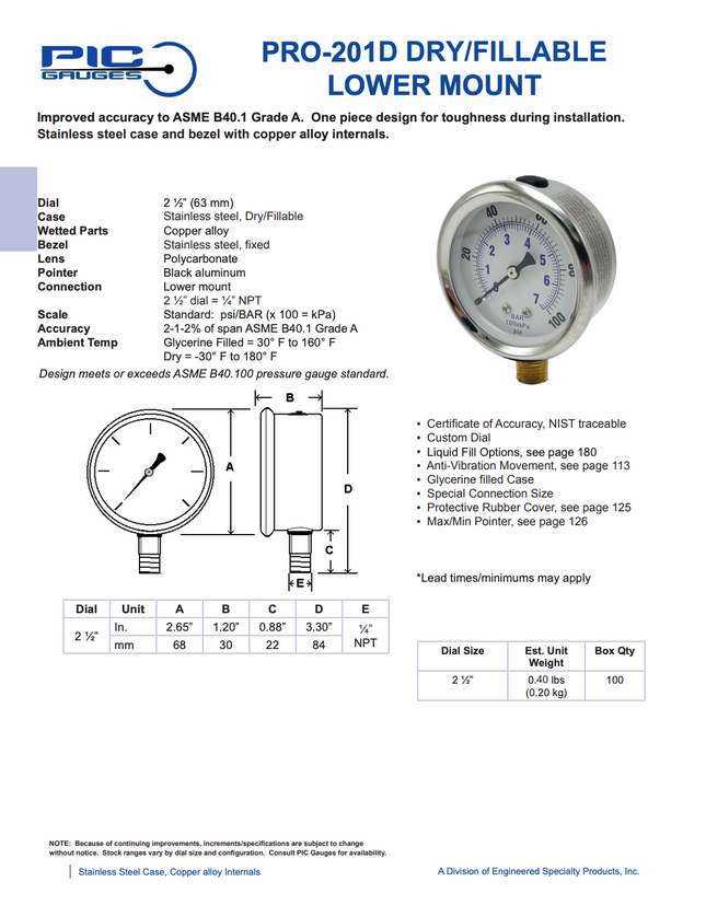 Manómetro PIC, dial 2-1/2", conexión inferior 1/4" MNPT, carcaza en acero inoxidable