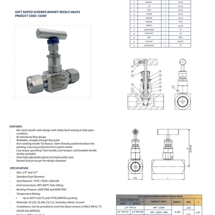 Válvula de aguja para instrumentación asiento suave con conexión roscada hembra x macho NPT Comfit, 6000 psi, 316SS