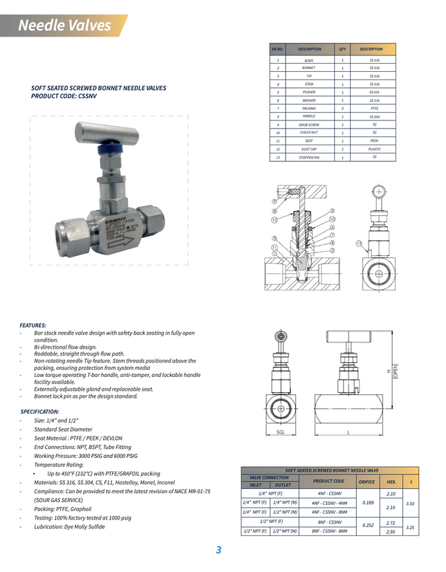 Válvula de aguja para instrumentación asiento suave con conexión roscada hembra x macho NPT Comfit, 6000 psi, 316SS