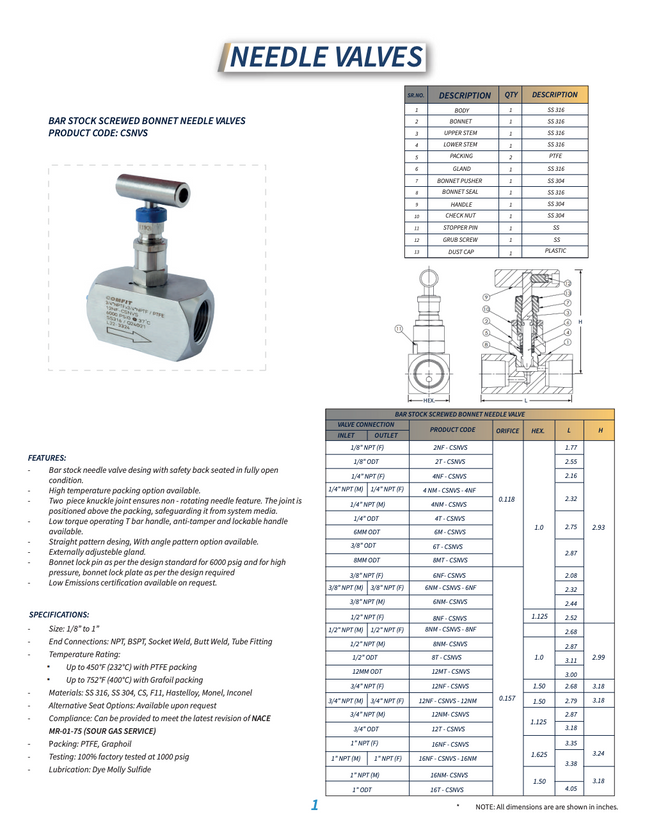 Valvula de Aguja de bonete integral con extremos roscados macho (bar stock) Comfit, 6000 psi, 316SS