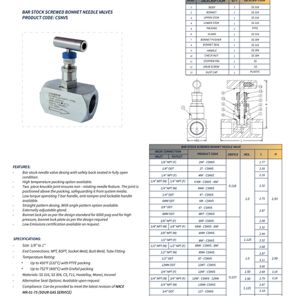 Válvula de Aguja de bonete integral con extremos para tubing tipo OD (bar stock) Comfit, 6000 psi, 316SS