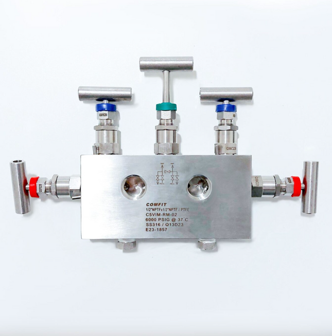 Manifold para instrumentación de 5 vias Comfit, montaje remoto, 1/2"NPTF x 1/2"NPTF x 1/4"NPTF 6000 PSI, 316SS, C5VIM-RM-02