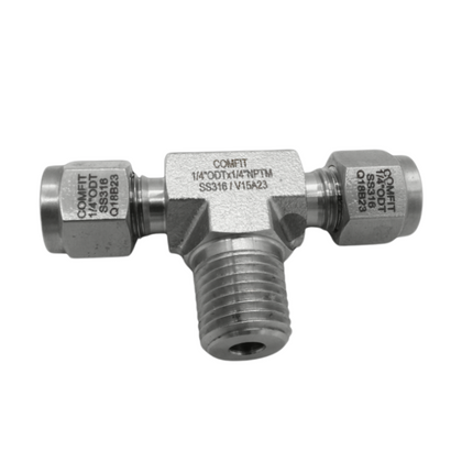 Conector Tee OD x OD x NPT-M para tubing Comfit, conexión al centro, 316SS