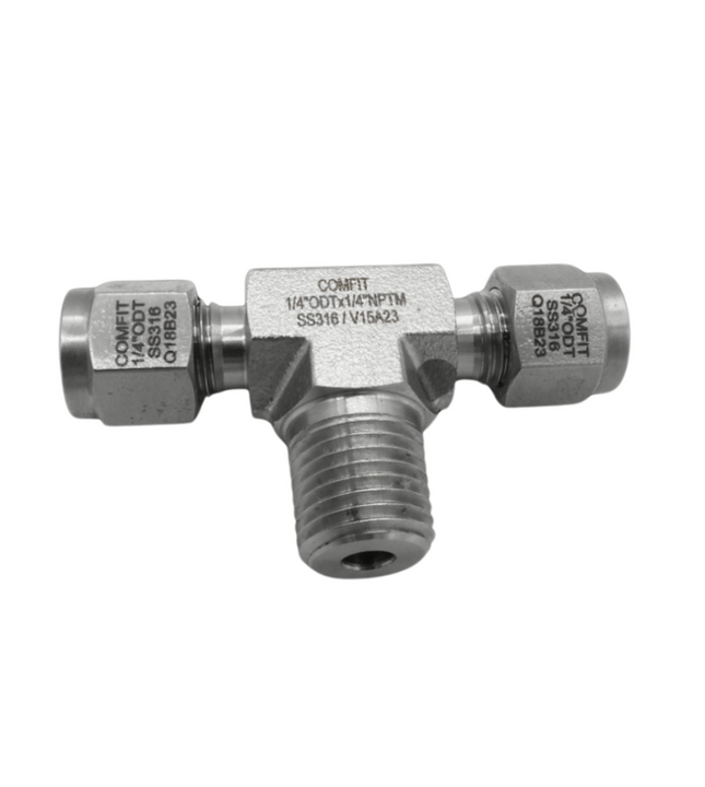 Conector Tee OD x OD x NPT-M para tubing Comfit, conexión al centro, 316SS